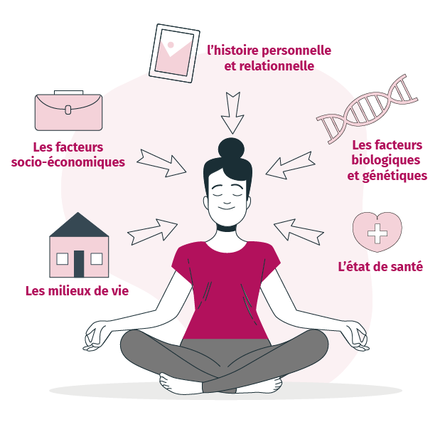 Les facteurs qui influent sur la santé mentale : les milieux de vie, les facteurs socio-économiques, l'histoire personnelle et relationnelle, les facteurs biologiques et génétiques et l'état de santé